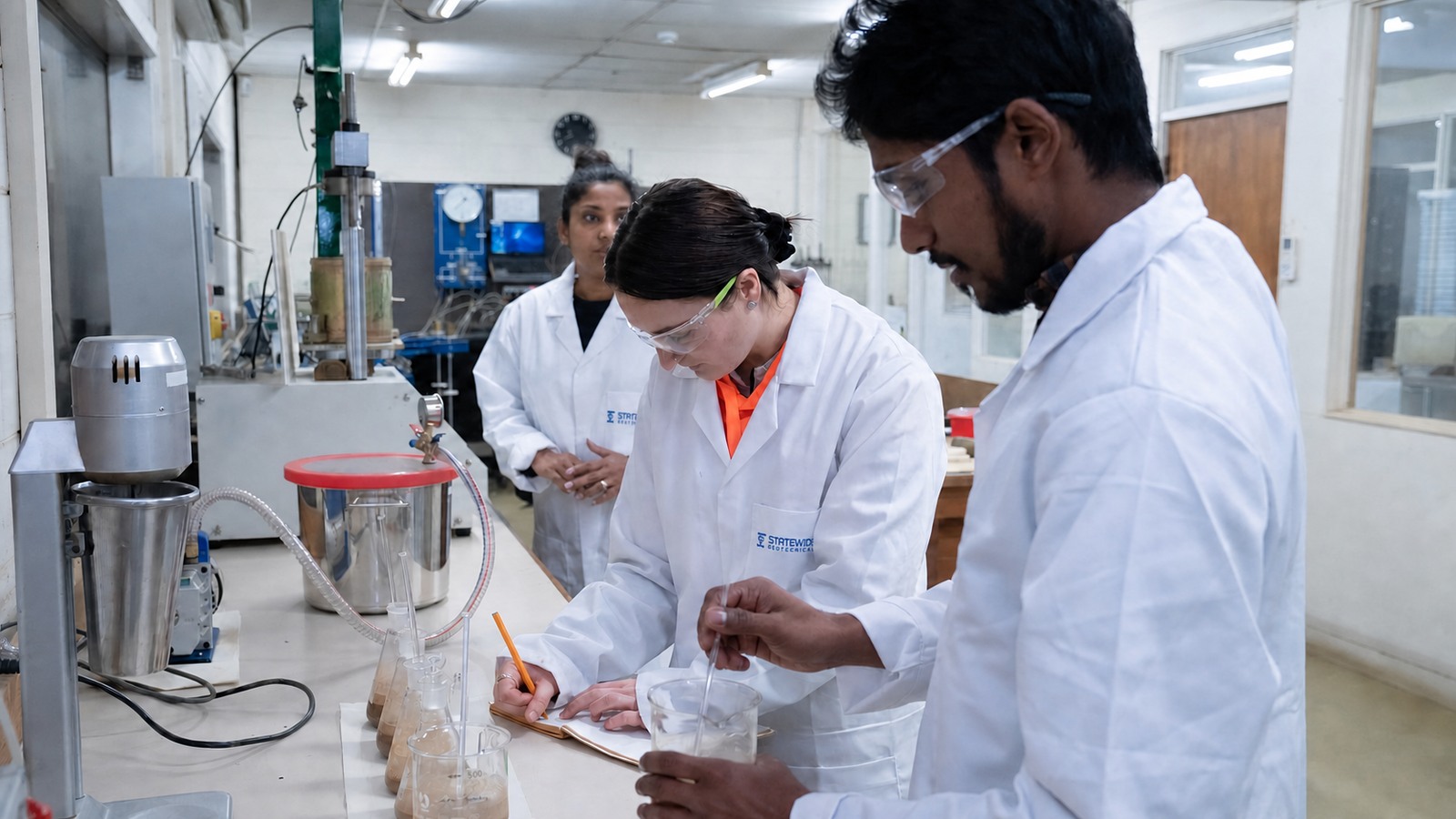 Statewide laboratory technicians examining samples and recording test information